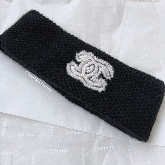 Auth Chanel CC Logo Black Knit Cashmere Headband - Picture 2 of 9